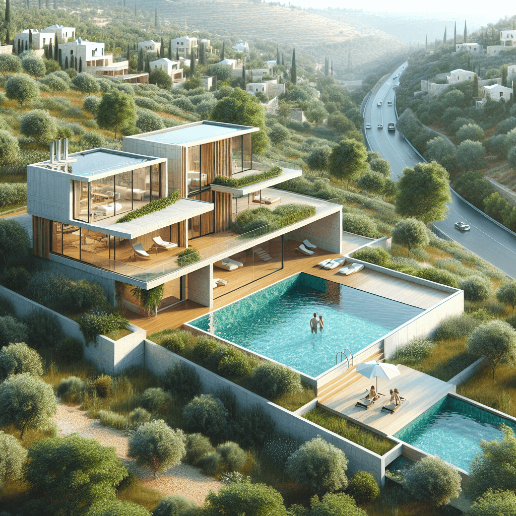 בריכה פרטית מעוצבת בבית מודרני עם נוף ירושלמי ירוק.
