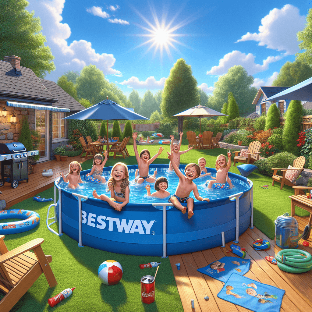 ילדים שמחים משחקים במים בבריכת Bestway בחצר שטופת שמש.